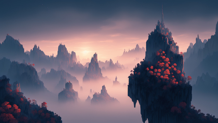 美丽大气写意风景背景壁纸插画-龙崖