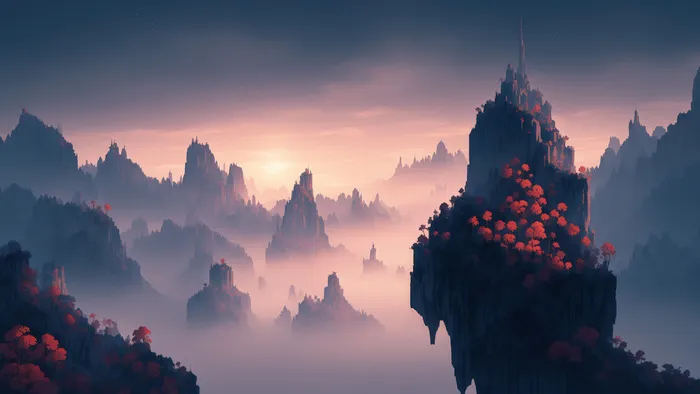 美丽大气写意风景背景壁纸插画-龙崖