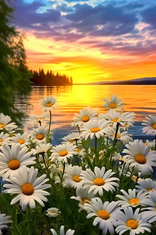 小雏菊路边落日晚霞背景