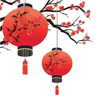 红灯笼挂梅花树梢插画免抠