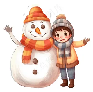 孩童堆雪人可爱卡通插画免抠
