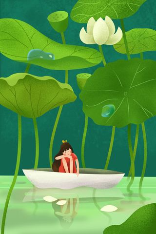 小女孩游船夏至插画墨绿色游湖