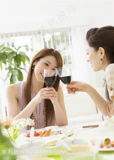 红酒广告元素 聚餐中正在碰杯的两位女士高清特写