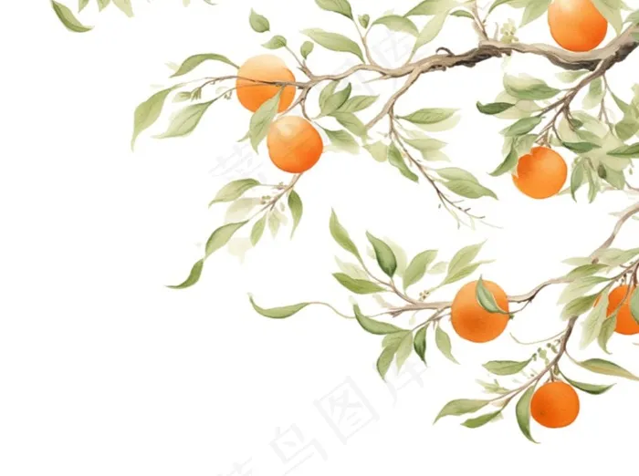 秋 柿子树水彩画插画免抠(1264x944)