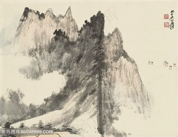 张大千手绘水墨山脉装饰画