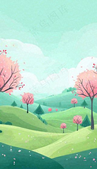 春天卡通手绘绿色的山景和开满粉红色画的树，春游，踏青，春分