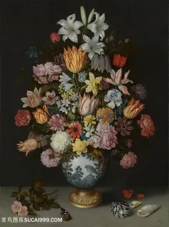 鲜花与蝴蝶油画图片