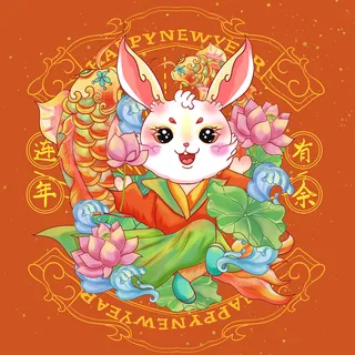 手绘2023兔年新年卡通兔子形象IP插画元素PSD设计素材png图案