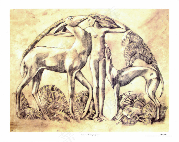 裸体美女麋鹿插画