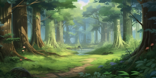 卡通插画山谷树林草坪野花