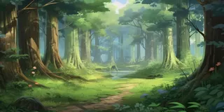 卡通插画山谷树林草坪野花