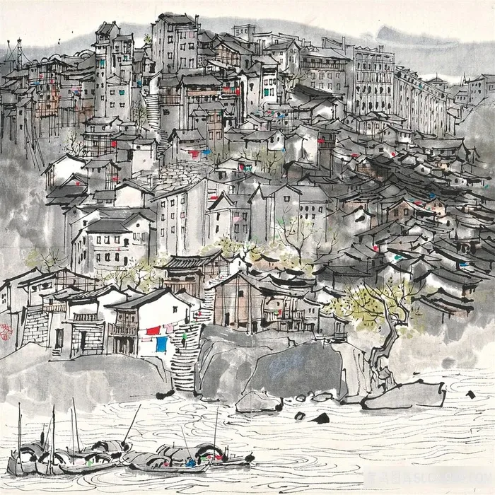 吴冠中手绘建筑房子乡村美景装饰画