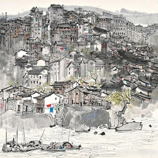 吴冠中手绘建筑房子乡村美景装饰画