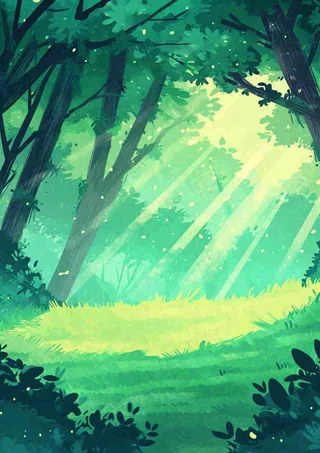 春意盎然的树林里阳光洒下绿草茵茵的水彩画
