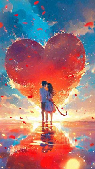 情人节浪漫情人爱心落日蓝天唯美，情侣亲吻爱情，卡通手绘插画