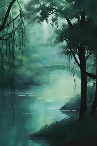 古风淡雅柳叶树青色空灵背景