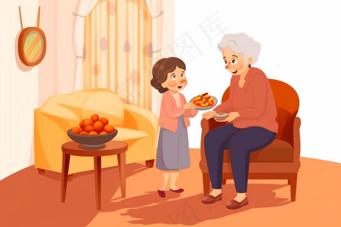 奶奶孙女品尝美食陪伴欢乐插画素材背景(1344x896)