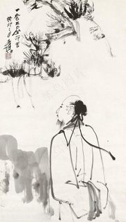 张大千手绘水墨山脉学者装饰画