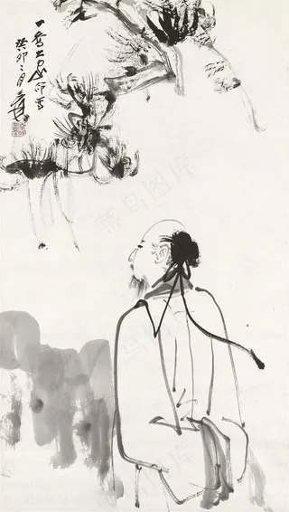 张大千手绘水墨山脉学者装饰画