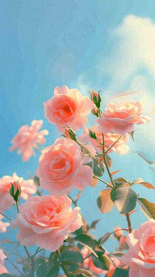 春天蓝天白云阳光下的粉色玫瑰花朵，谷雨立夏