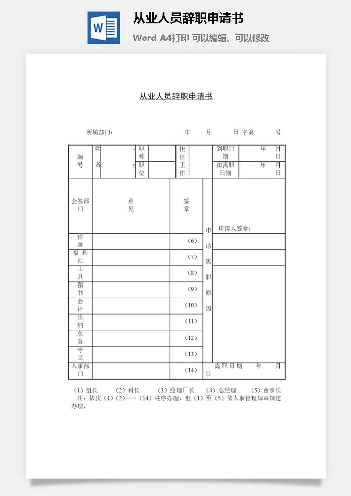 从业人员辞职申请书word模板