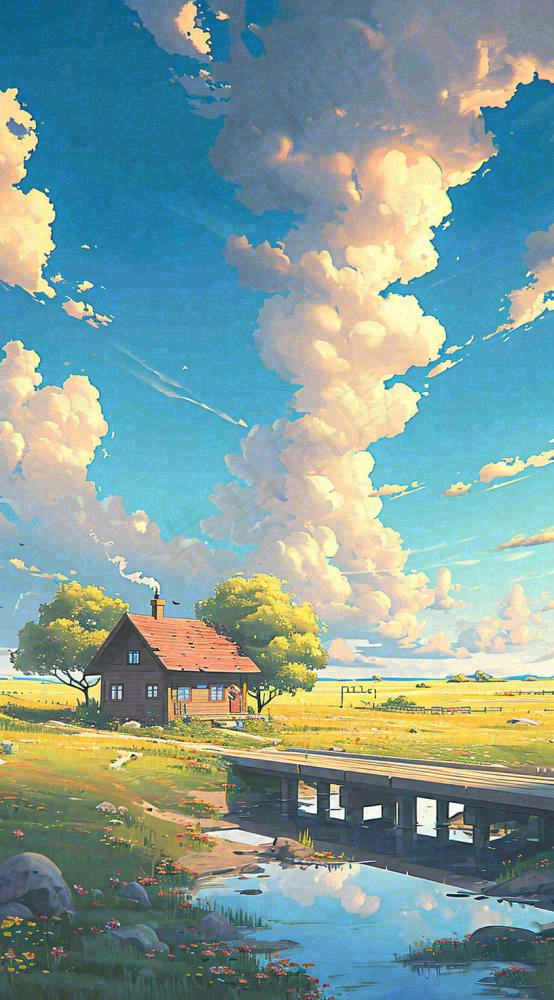 蓝天草坪上小屋房子在河流旁，河面倒影