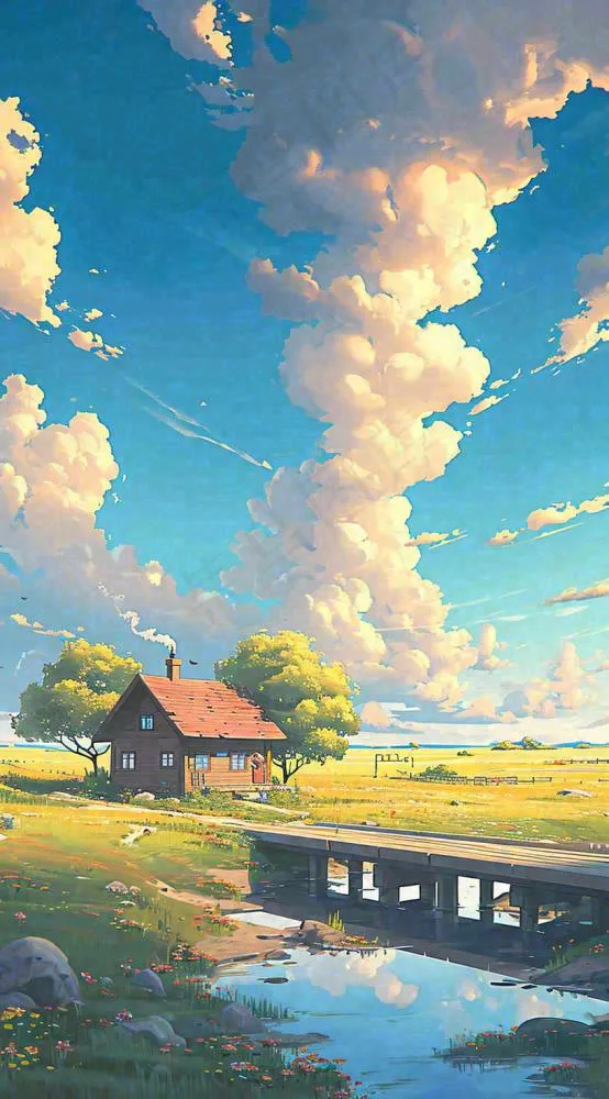 蓝天草坪上小屋房子在河流旁，河面倒影(816x1472)