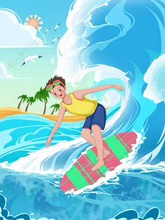 夏日冲浪卡通小年轻插画PSD素材