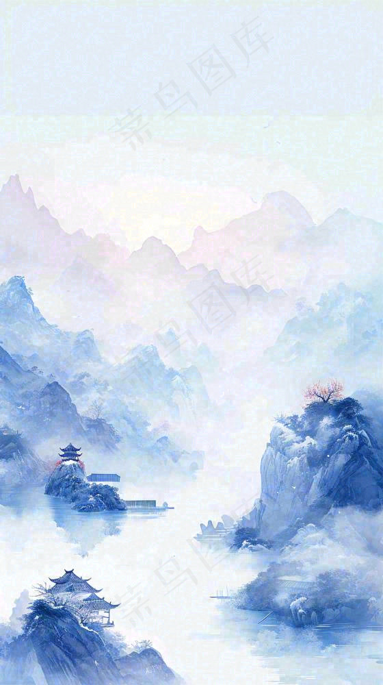 中国风山雾云海山脉意境山水画(816x1456)