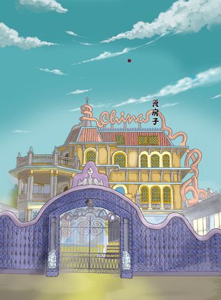 中国风国潮古建筑地标城市古风建筑阁楼印象地标手绘插画PSD素材