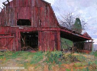 红木屋拱桥唯美风景画