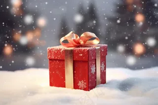 下雪天的红色圣诞礼物白雪摄影图