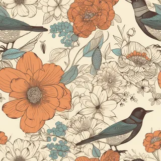 花鸟图，插画风格，无缝贴图，素材