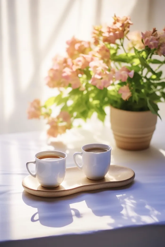 餐桌上的咖啡杯下午茶绿植阳光光影摄影图(2688x4032)