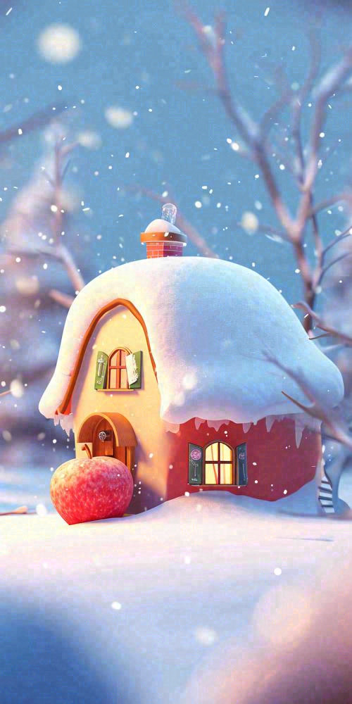 冬天红色雪屋雪地雪花，卡通可爱