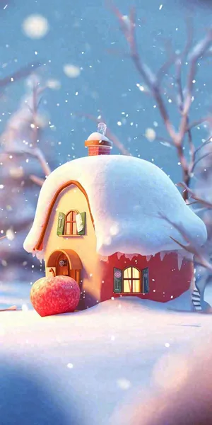 冬天红色雪屋雪地雪花，卡通可爱