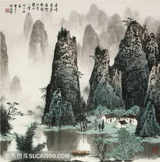 白雪石水墨湖畔山脉高清装饰画