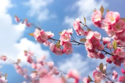 蓝天白云粉色树枝花朵樱花摄影海报素材背景 蓝天白云粉色树枝花朵樱花摄影海报素材背景