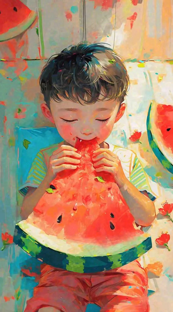 夏日清凉阳光男孩吃西瓜油画手绘插画，儿童节夏至大暑小暑(816x1472)