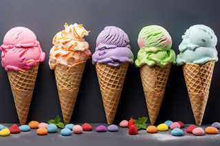 夏日各种口味的冰淇淋球摄影图 