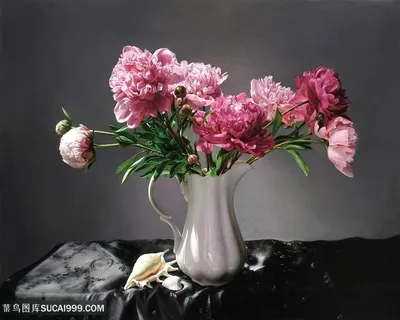 高清白色瓷瓶中的粉色玫瑰油画图片