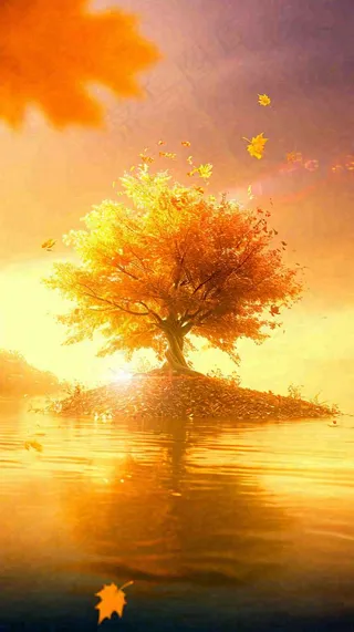 秋天树木的秋叶在河面上飘扬，金黄色温馨，秋分