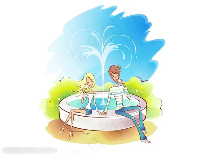 手绘坐在旋转木马上的情侣