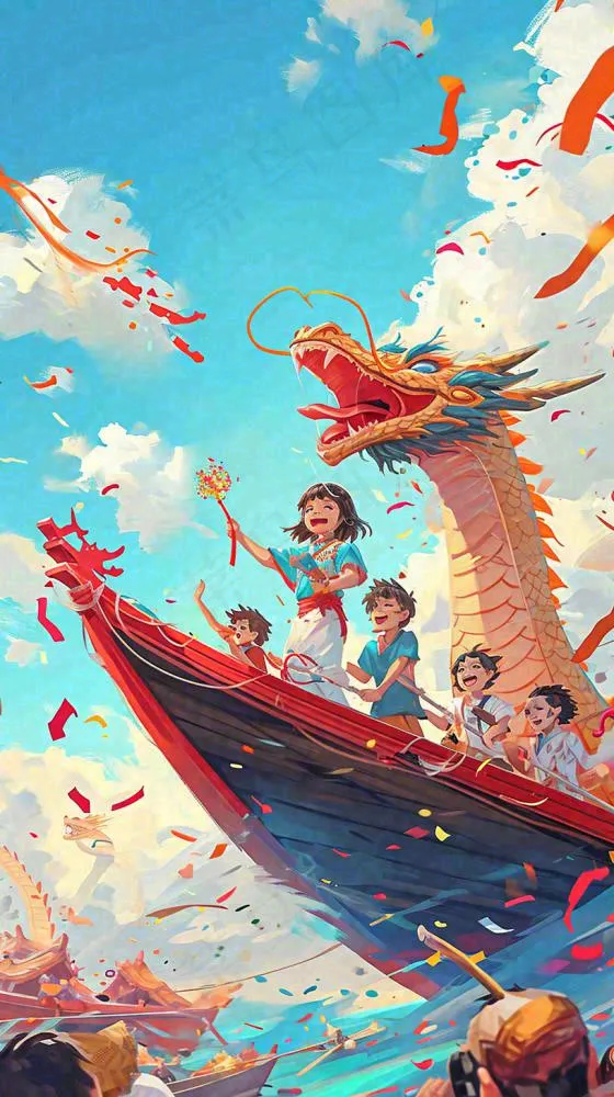 海面上龙船开船手绘插画，孩子人物，蓝天白云古风(816x1456)