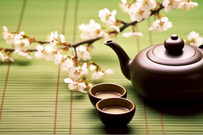 茶壶杯子梨花绿色背景(1344x896)