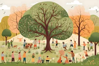 树林人物种植田园手绘插画海报素材背景