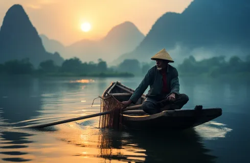 湖泊江河里的打渔船老伯摄影图