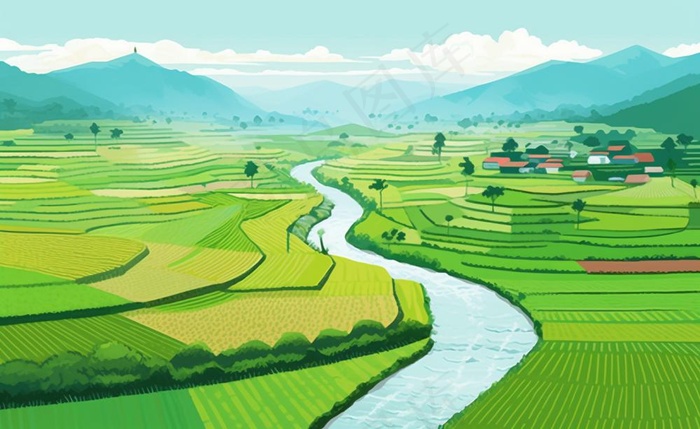 乡村村庄美丽风景河流插画农田插画背景(1408x864)