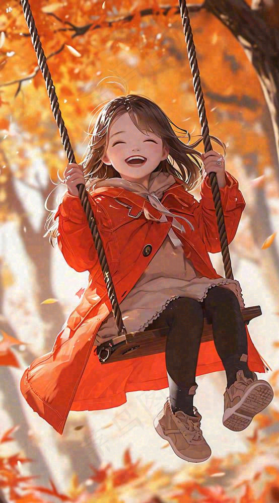 秋天浪漫秋叶儿童少女荡秋千插画，秋分(816x1472)