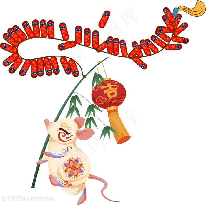 卡通老鼠扛竹竿鞭炮灯笼插画